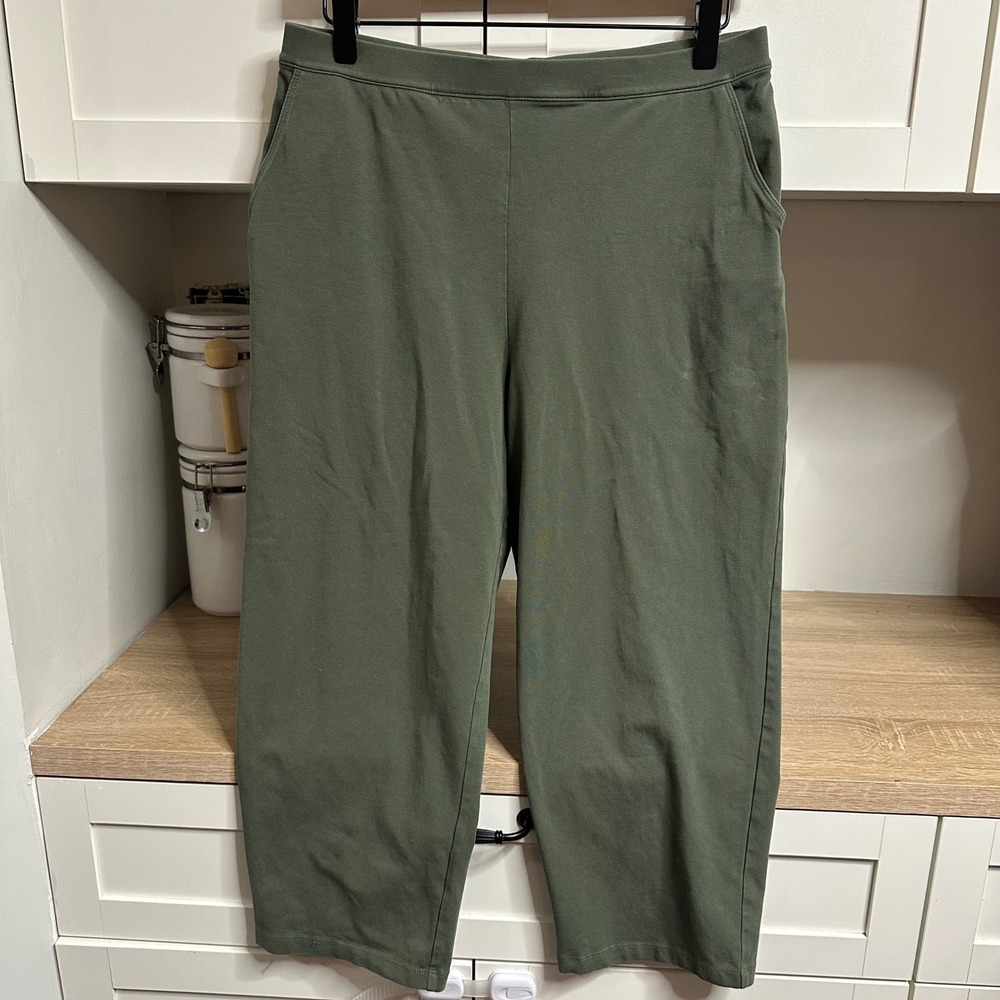 LL Bean Knit Pants Womens M Petite Green Cotton Spandex Cropped Pockets Pull On